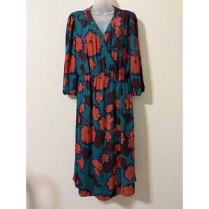 DR2 Dress Size M Surplice Puff Sleeve Faux Wrap Midi Green/Orange Fall Florals